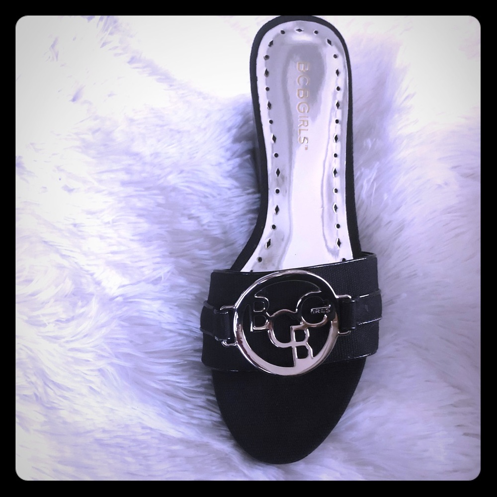 BCBG black silver wedge sandals
